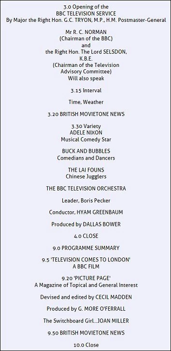 BBC TV schedule on opening day
